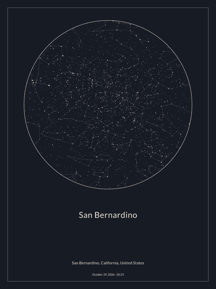 Sky chart of the night sky above San Bernardino at 8:23 PM on October 29, 2026