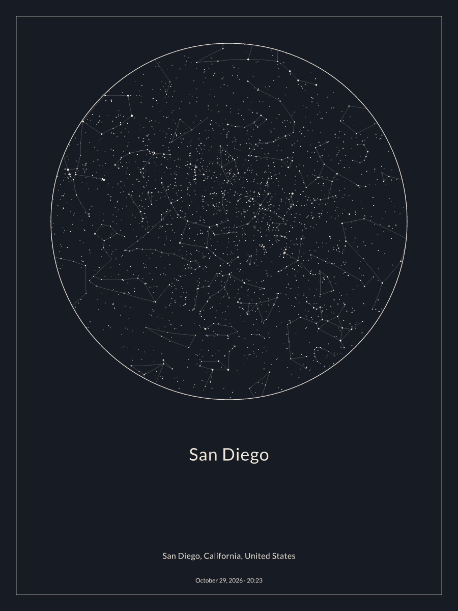 Sky chart of the night sky above San Diego at 8:23 PM on October 29, 2026