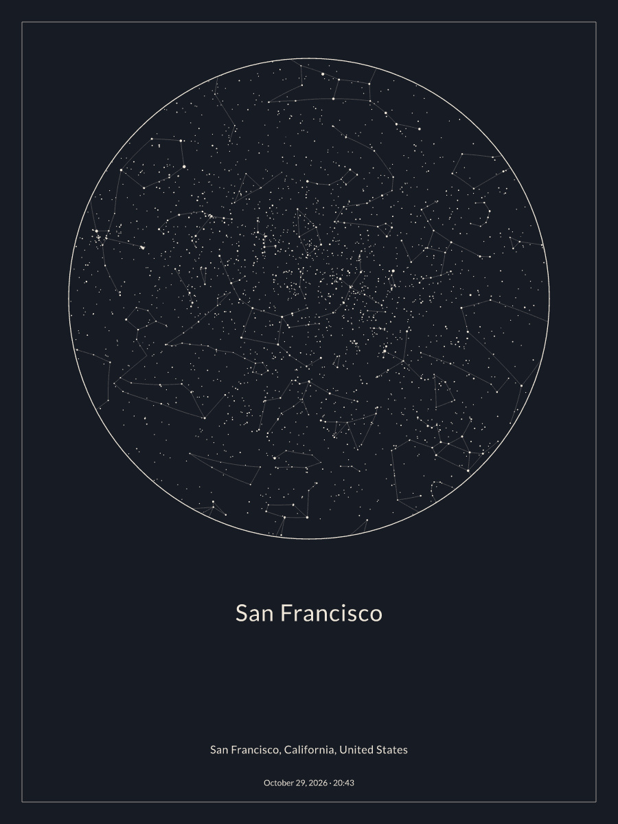 Sky chart of the night sky above San Francisco at 8:43 PM on October 29, 2026