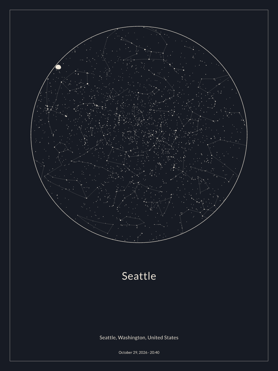 Sky chart of the night sky above Seattle at 8:40 PM on October 29, 2026