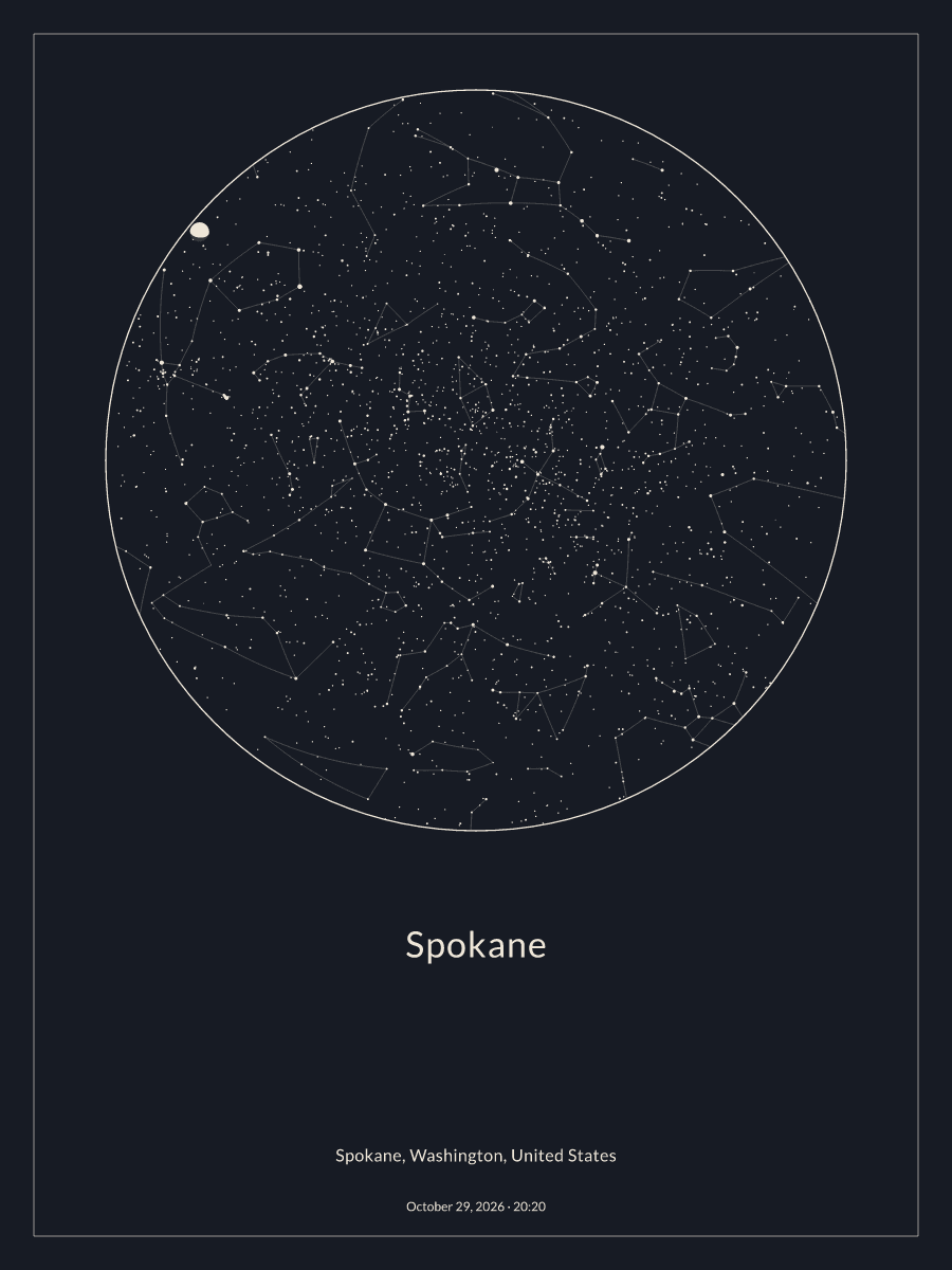 Sky chart of the night sky above Spokane at 8:20 PM on October 29, 2026