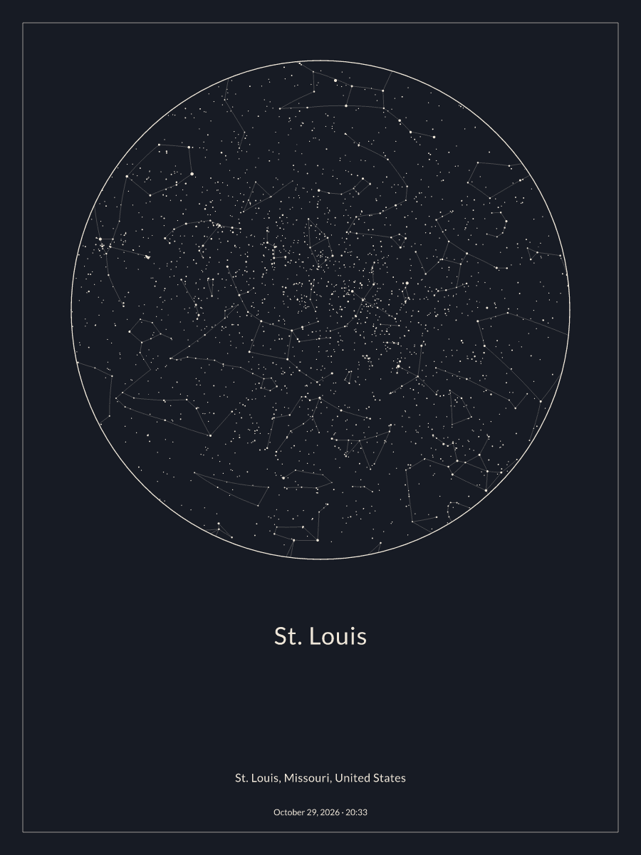 Sky chart of the night sky above St. Louis at 8:33 PM on October 29, 2026