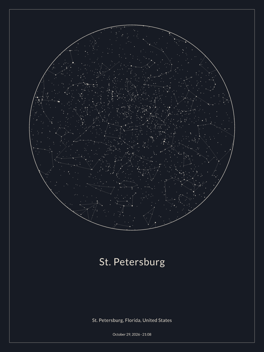 Sky chart of the night sky above St. Petersburg at 9:08 PM on October 29, 2026
