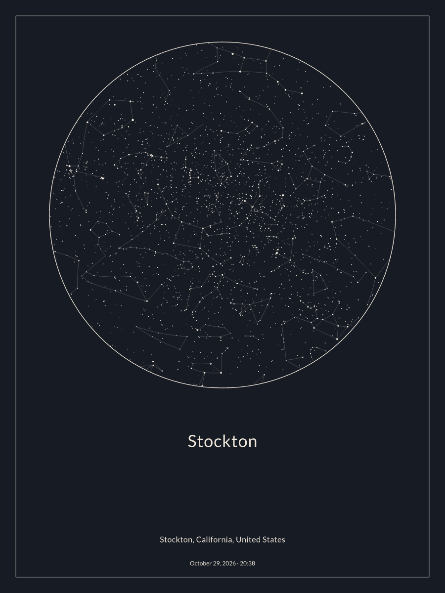 Sky chart of the night sky above Stockton at 8:38 PM on October 29, 2026