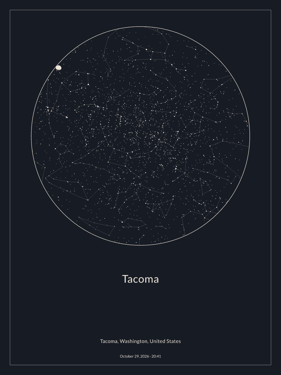 Sky chart of the night sky above Tacoma at 8:41 PM on October 29, 2026