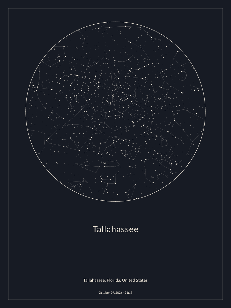 Sky chart of the night sky above Tallahassee at 9:13 PM on October 29, 2026