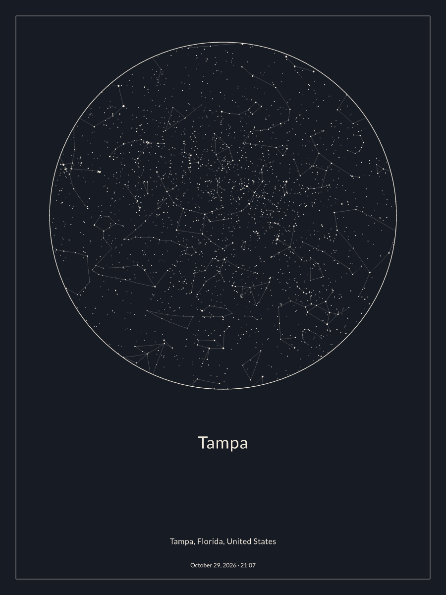 Sky chart of the night sky above Tampa at 9:07 PM on October 29, 2026