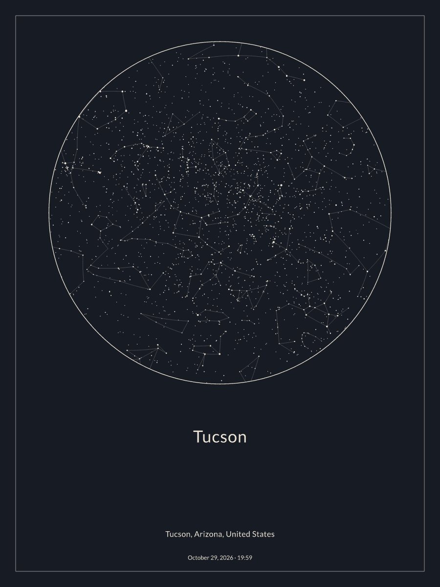 Sky chart of the night sky above Tucson at 7:59 PM on October 29, 2026