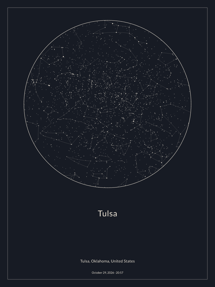 Sky chart of the night sky above Tulsa at 8:57 PM on October 29, 2026