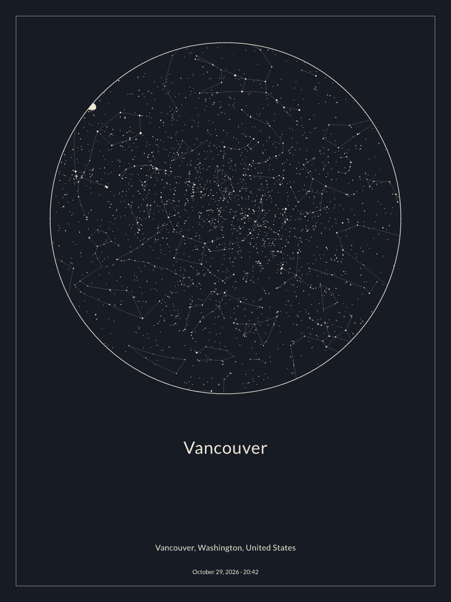 Sky chart of the night sky above Vancouver at 8:42 PM on October 29, 2026