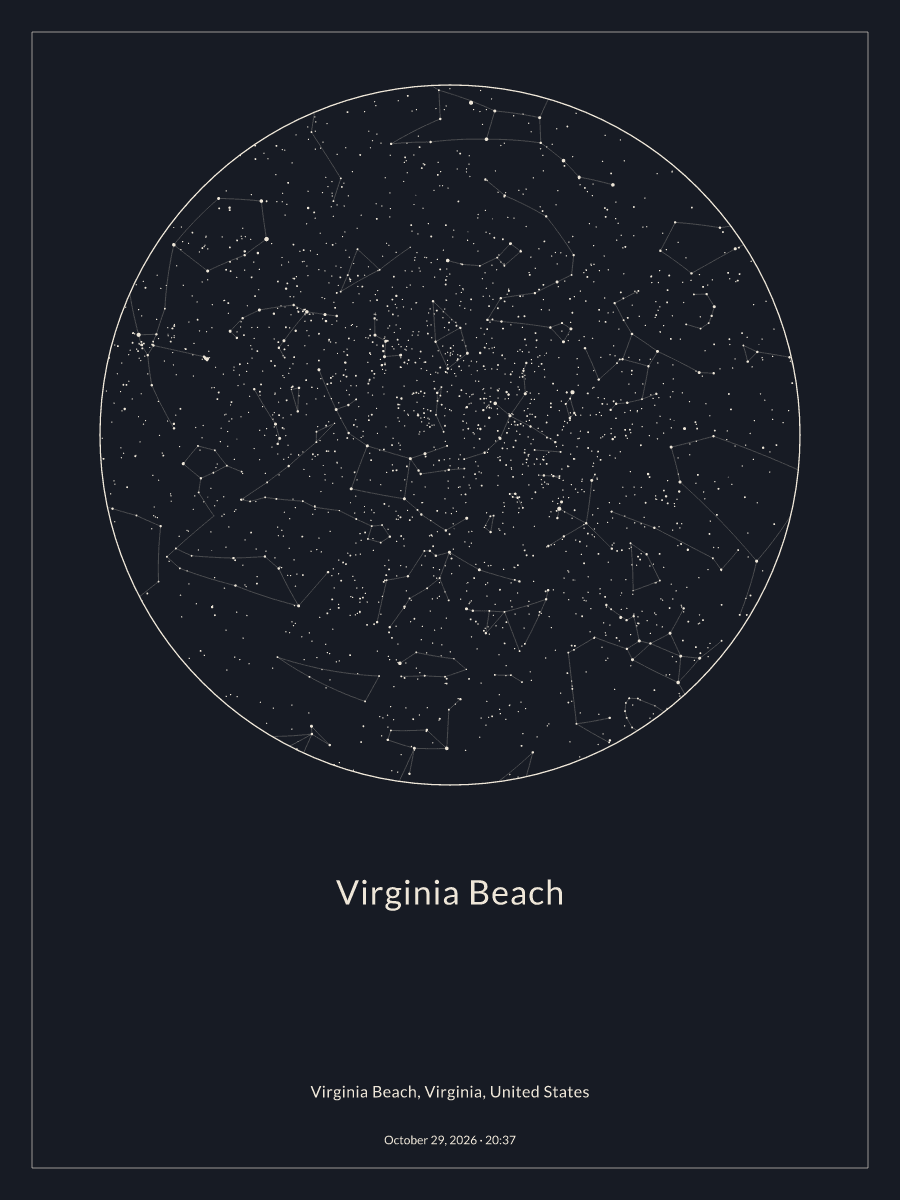 Sky chart of the night sky above Virginia Beach at 8:37 PM on October 29, 2026