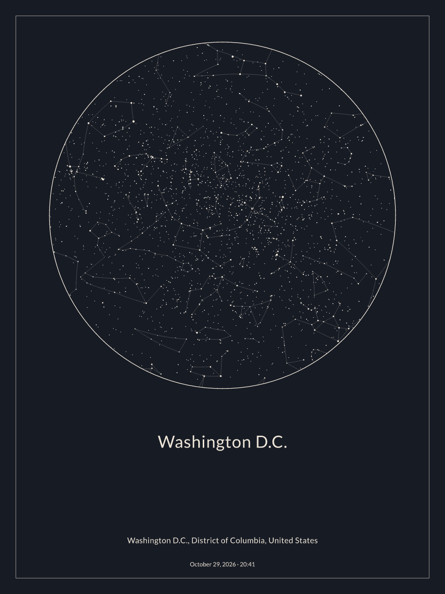 Sky chart of the night sky above Washington D.C. at 8:41 PM on October 29, 2026