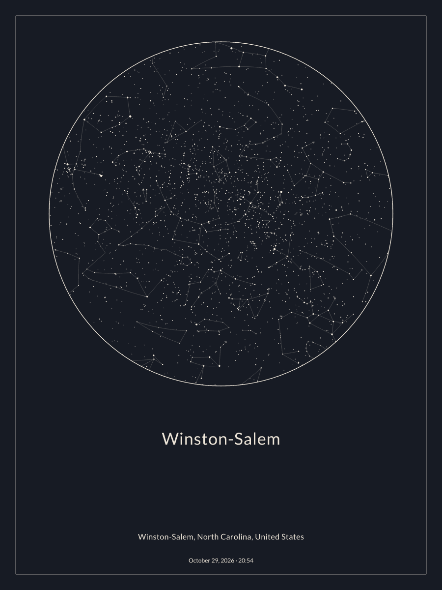 Sky chart of the night sky above Winston-Salem at 8:54 PM on October 29, 2026