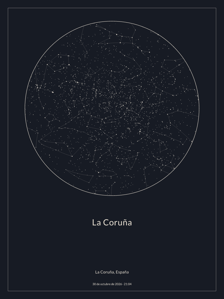 Mapa del cielo nocturno sobre La Coruña el 30 de octubre de 2026 a las 21:04