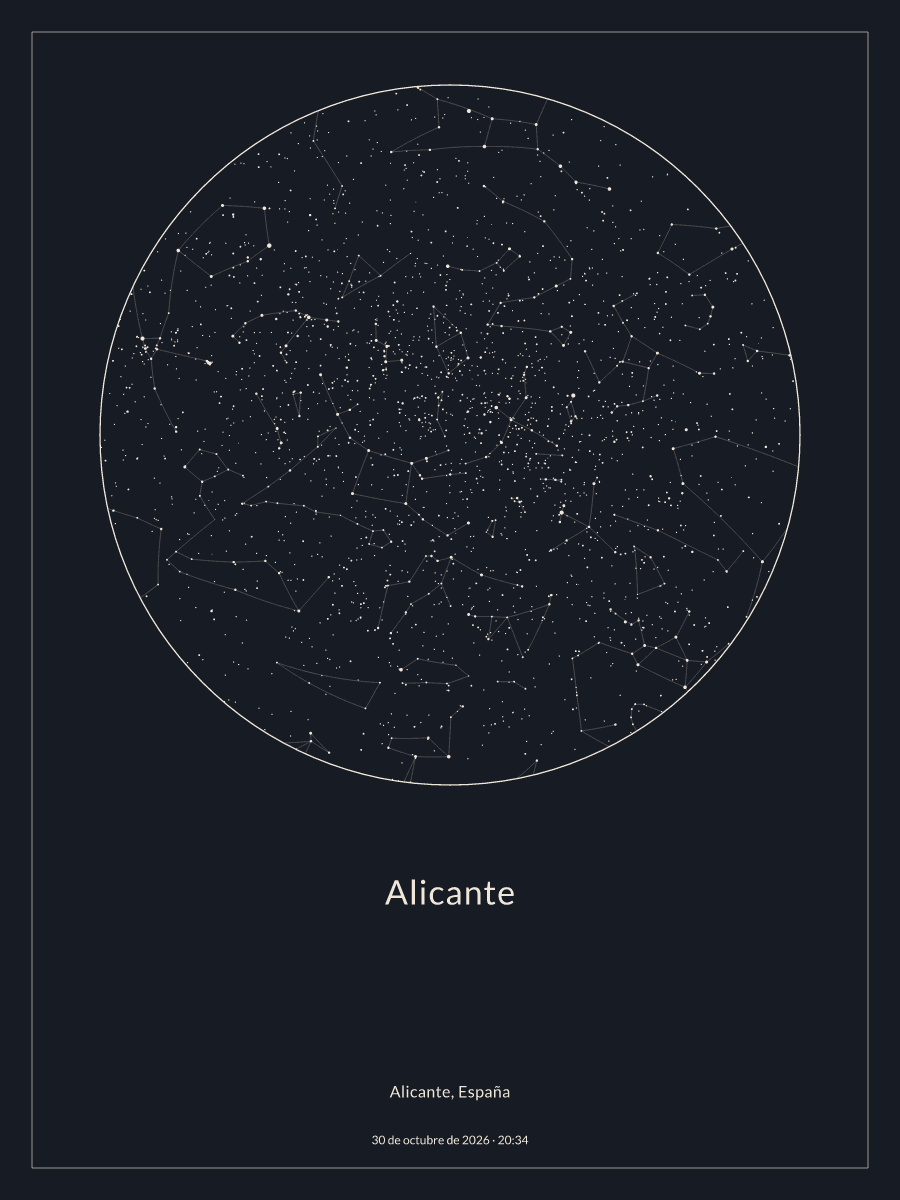 Mapa del cielo nocturno sobre Alicante el 30 de octubre de 2026 a las 20:34