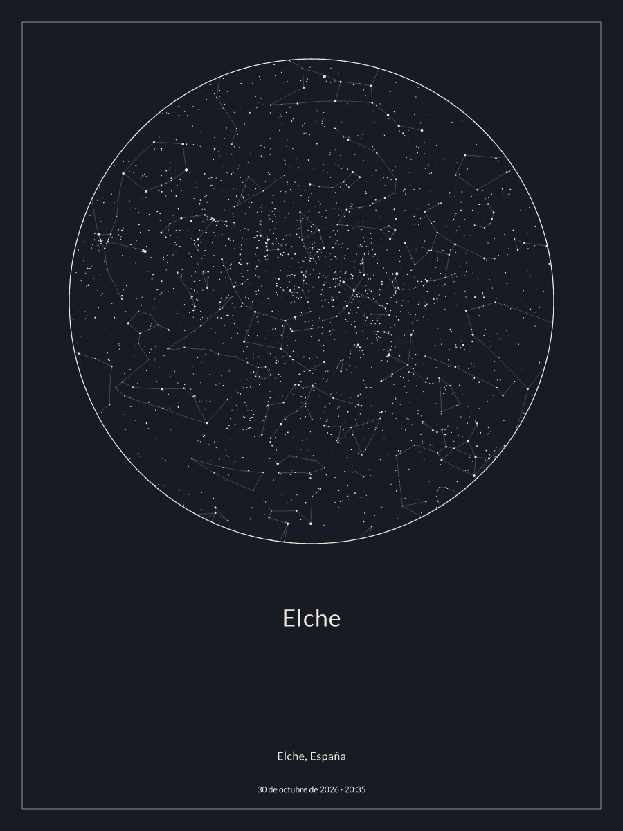 Mapa del cielo nocturno sobre Elche el 30 de octubre de 2026 a las 20:35