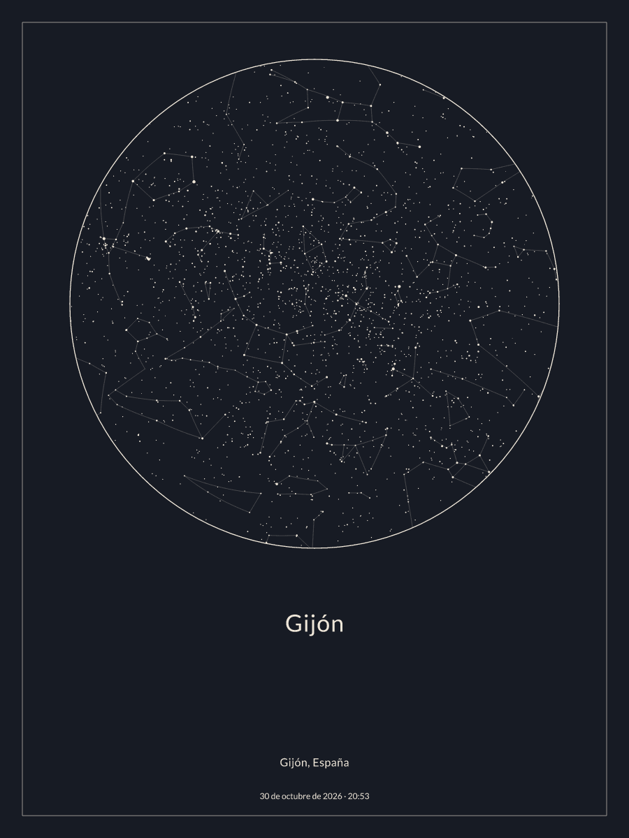 Mapa del cielo nocturno sobre Gijón el 30 de octubre de 2026 a las 20:53