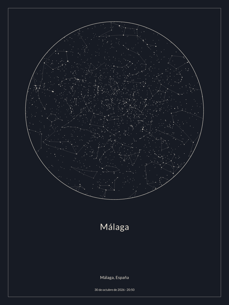 Mapa del cielo nocturno sobre Málaga el 30 de octubre de 2026 a las 20:50