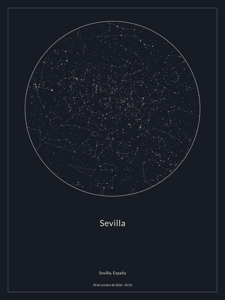 Mapa del cielo nocturno sobre Sevilla el 30 de octubre de 2026 a las 20:56