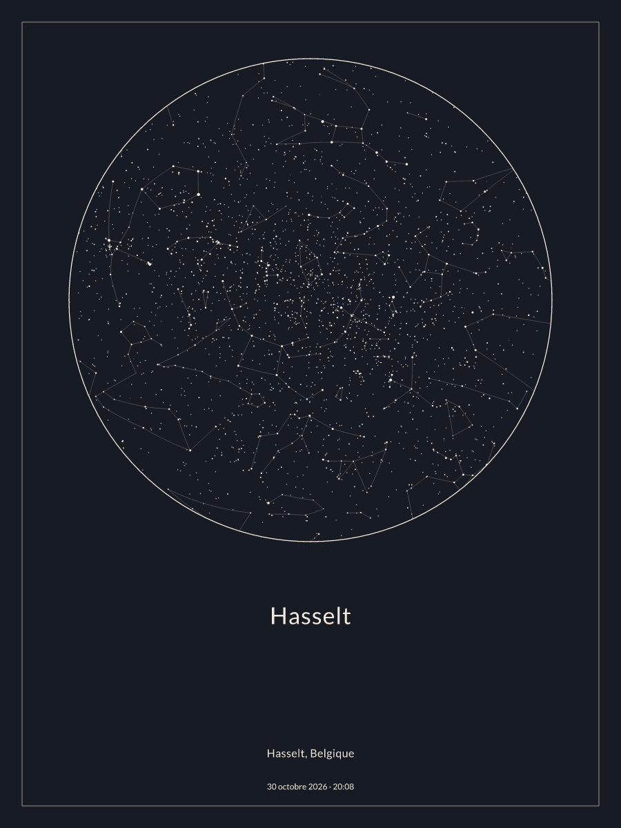 Carte du ciel nocturne depuis Hasselt, le 30 octobre 2026 à 20:08