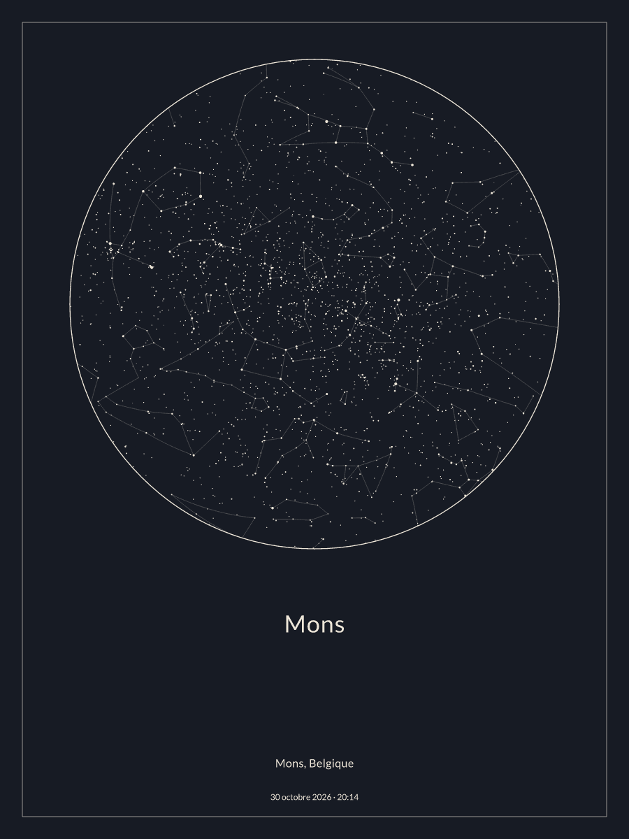 Carte du ciel nocturne depuis Mons, le 30 octobre 2026 à 20:14