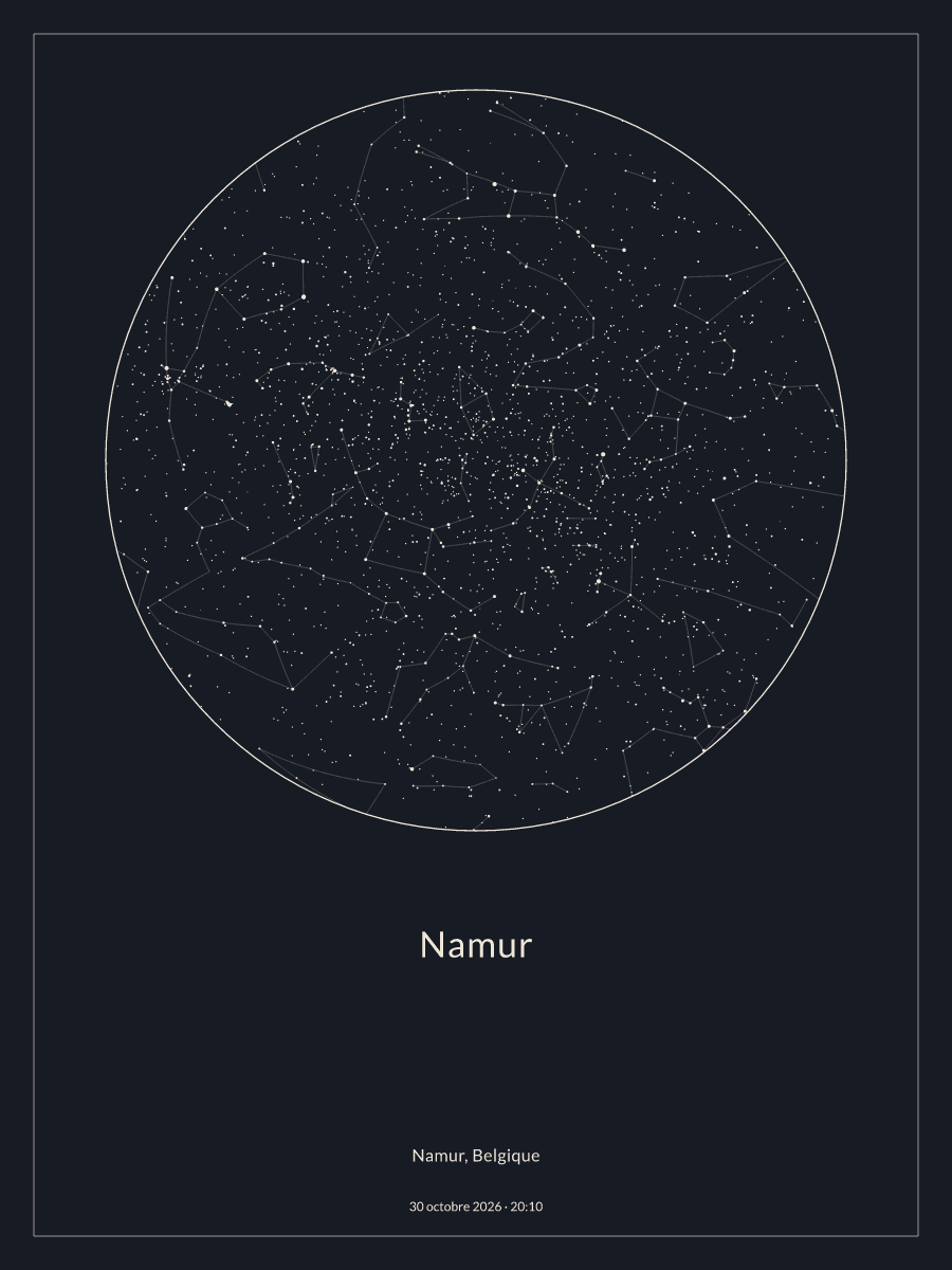 Carte du ciel nocturne depuis Namur, le 30 octobre 2026 à 20:10