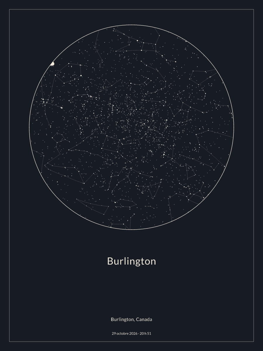 Carte du ciel nocturne depuis Burlington, le 29 octobre 2026 à 20 h 51