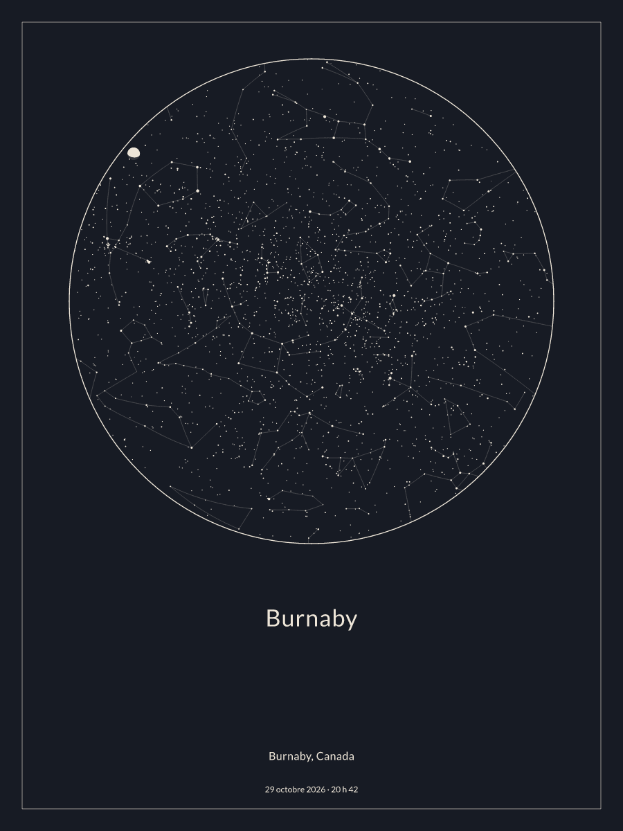 Carte du ciel nocturne depuis Burnaby, le 29 octobre 2026 à 20 h 42