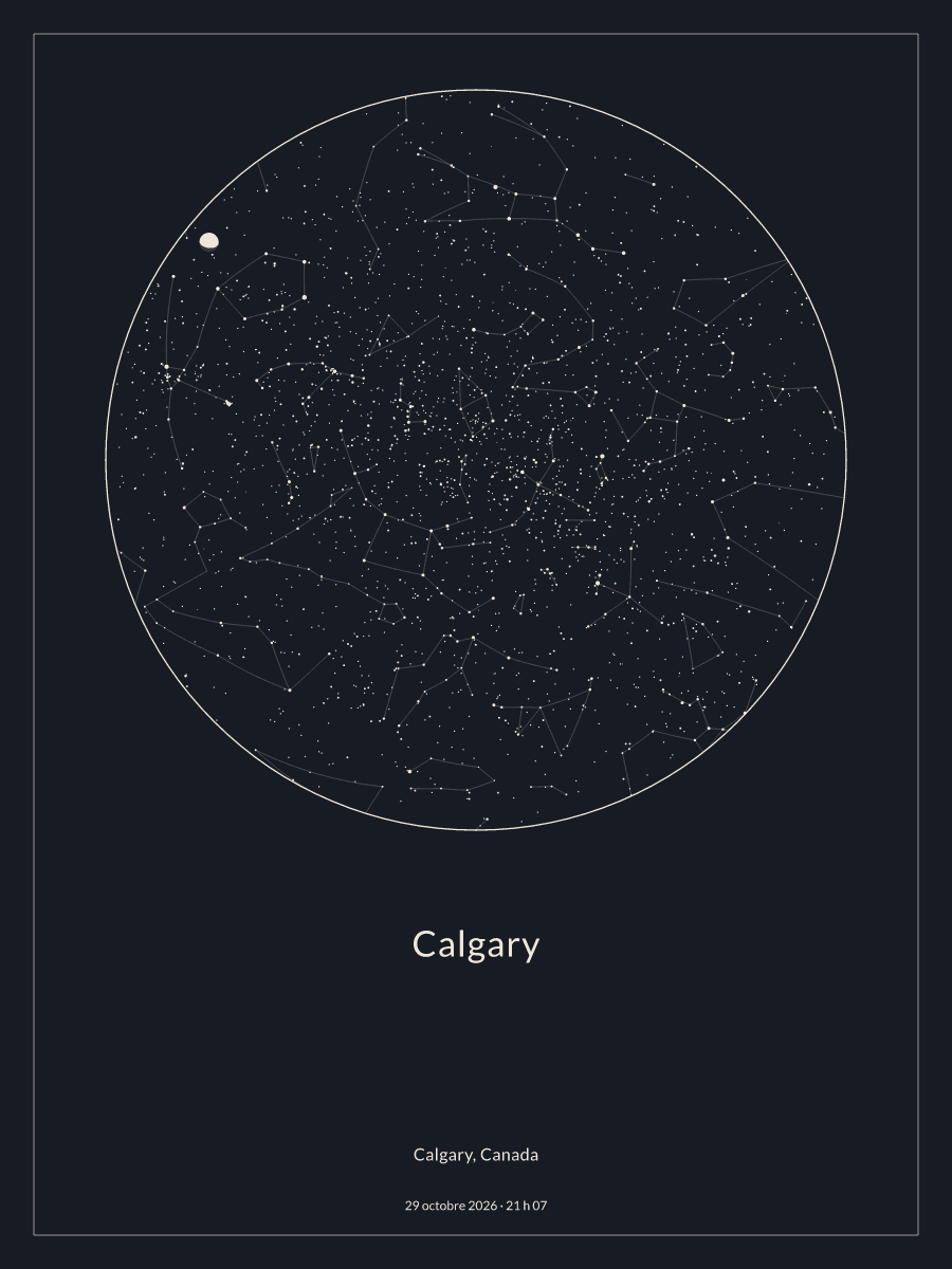 Carte du ciel nocturne depuis Calgary, le 29 octobre 2026 à 21 h 07