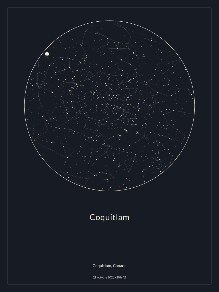 Carte du ciel nocturne depuis Coquitlam, le 29 octobre 2026 à 20 h 42