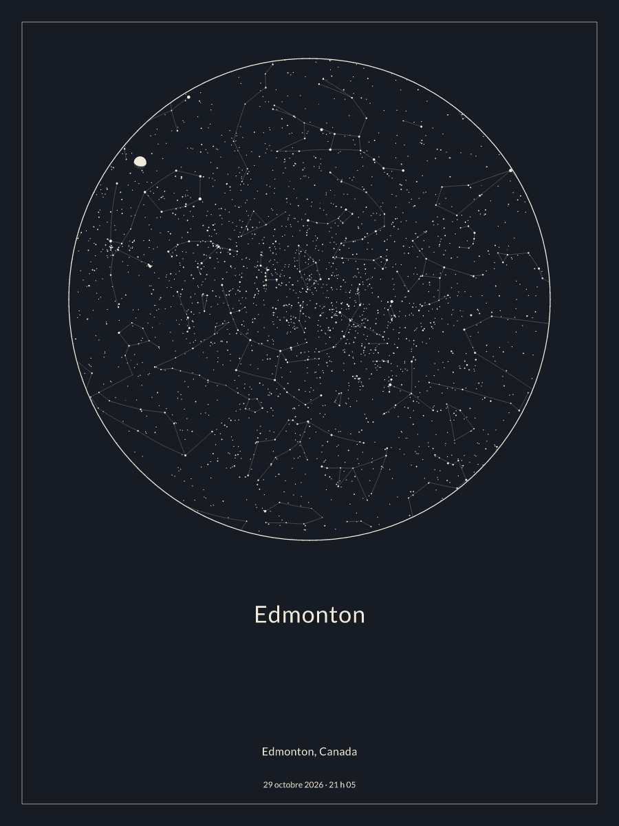 Carte du ciel nocturne depuis Edmonton, le 29 octobre 2026 à 21 h 05