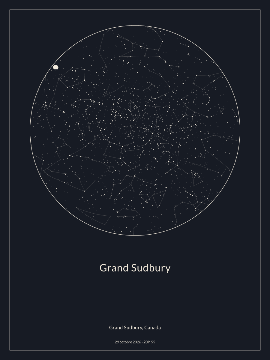Carte du ciel nocturne depuis Grand Sudbury, le 29 octobre 2026 à 20 h 55