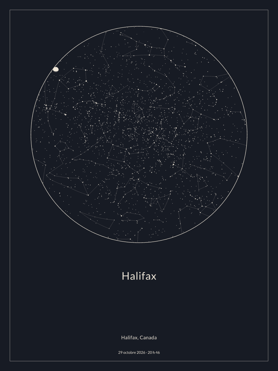 Carte du ciel nocturne depuis Halifax, le 29 octobre 2026 à 20 h 46
