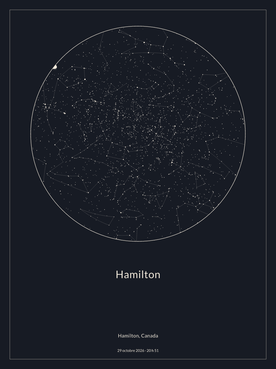 Carte du ciel nocturne depuis Hamilton, le 29 octobre 2026 à 20 h 51