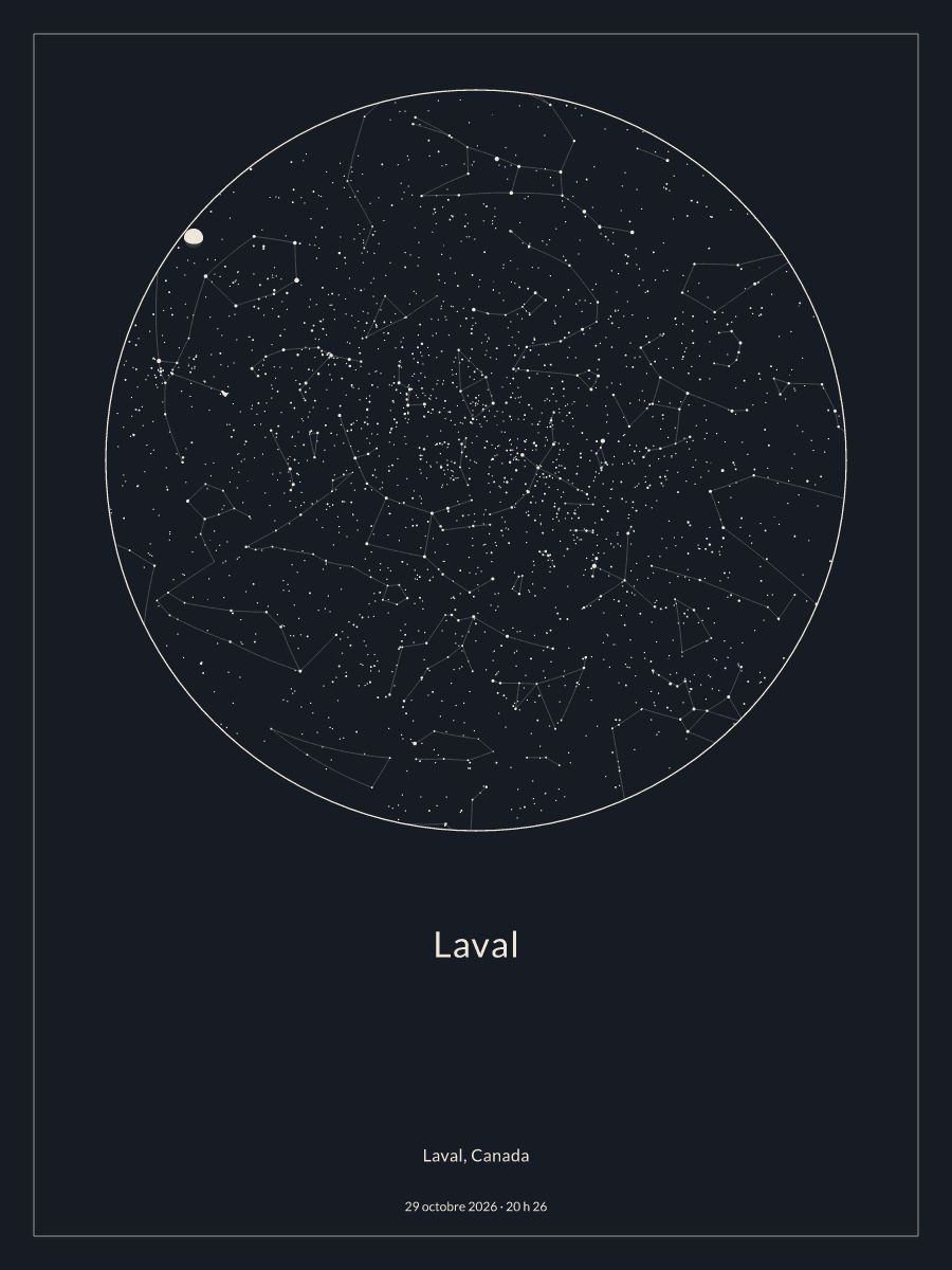 Carte du ciel nocturne depuis Laval, le 29 octobre 2026 à 20 h 26