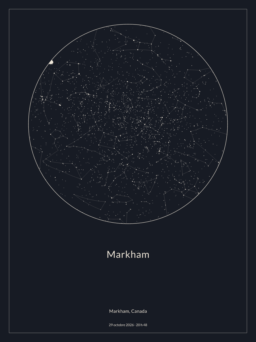Carte du ciel nocturne depuis Markham, le 29 octobre 2026 à 20 h 48