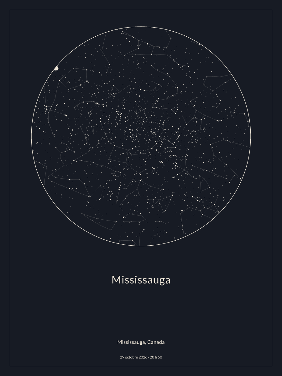 Carte du ciel nocturne depuis Mississauga, le 29 octobre 2026 à 20 h 50