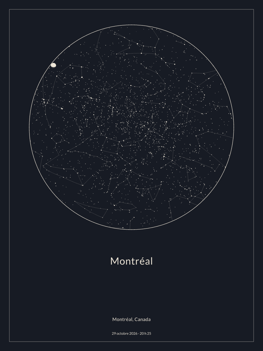 Carte du ciel nocturne depuis Montréal, le 29 octobre 2026 à 20 h 25