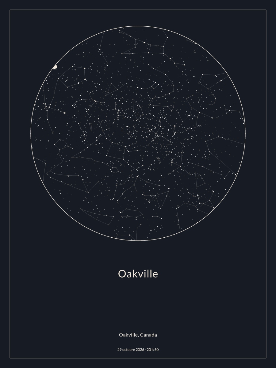 Carte du ciel nocturne depuis Oakville, le 29 octobre 2026 à 20 h 50