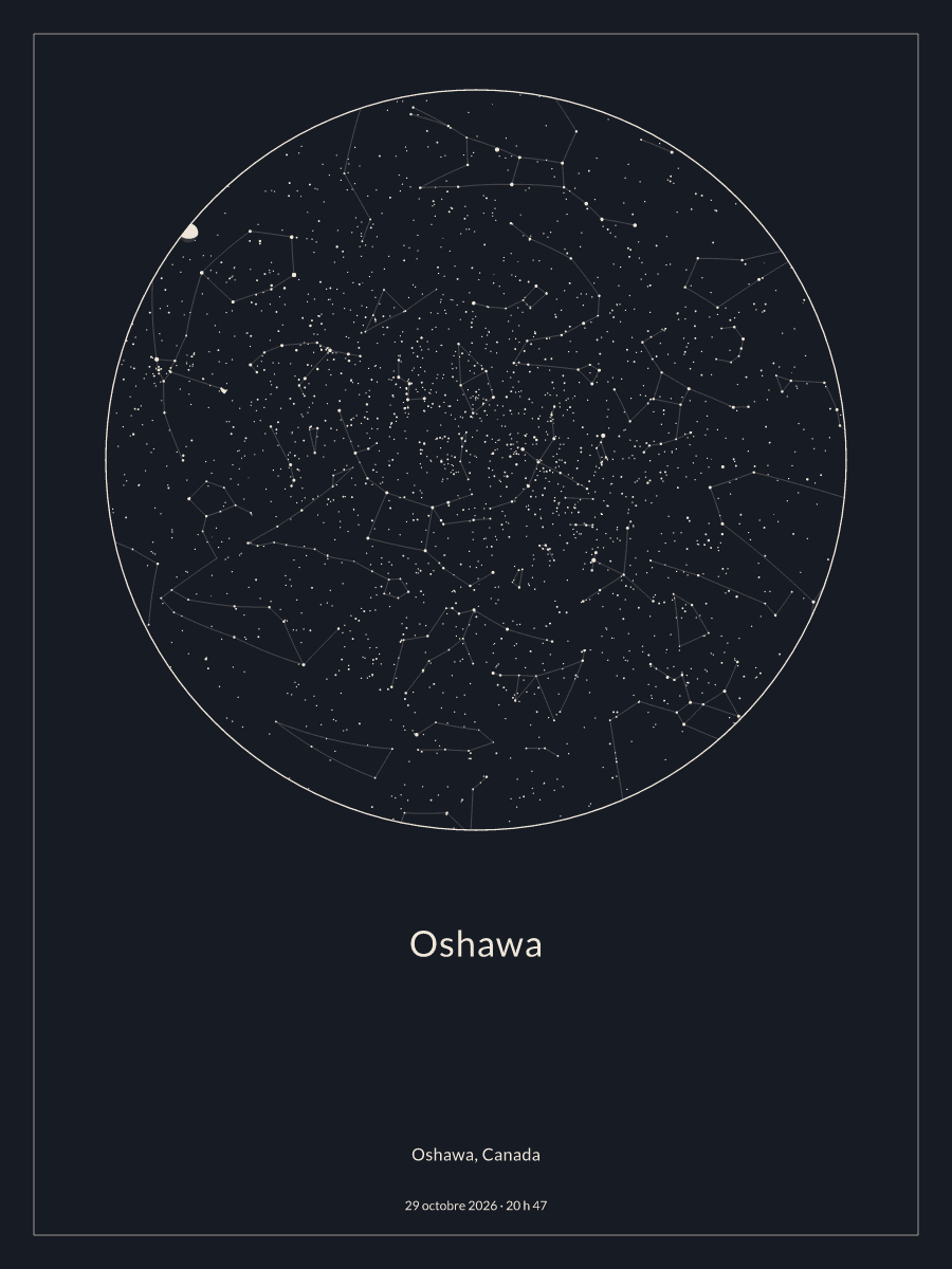 Carte du ciel nocturne depuis Oshawa, le 29 octobre 2026 à 20 h 47