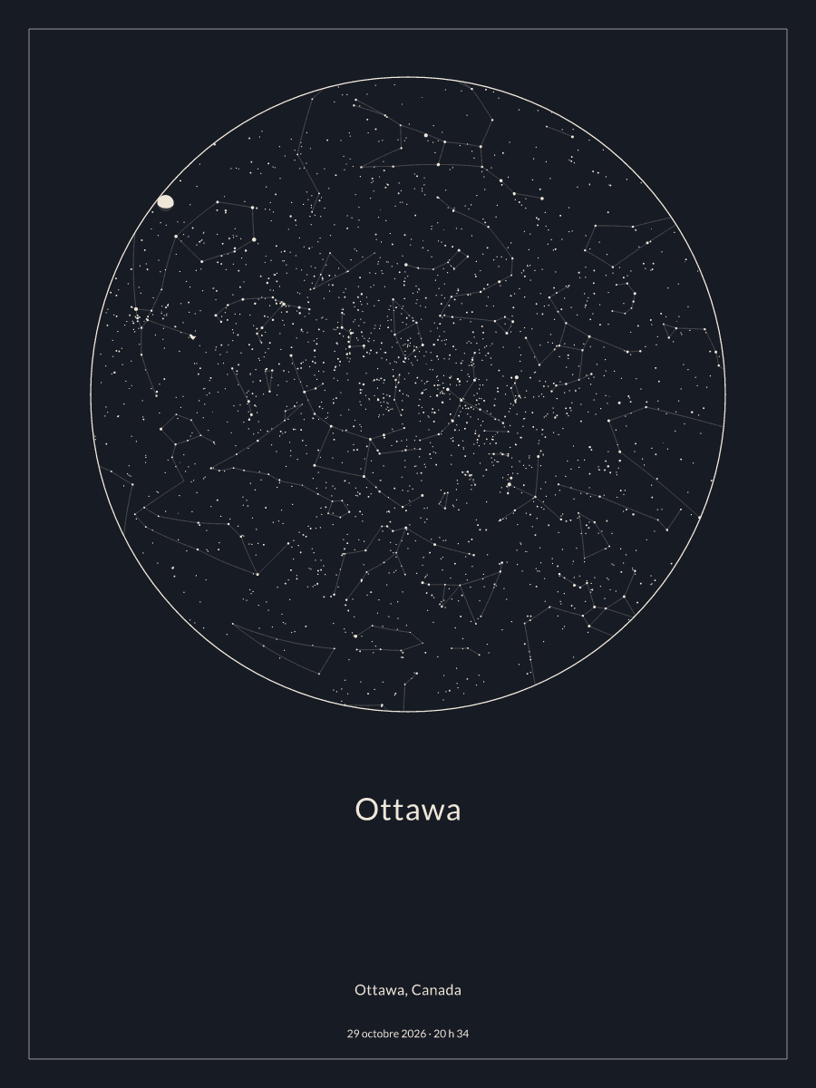 Carte du ciel nocturne depuis Ottawa, le 29 octobre 2026 à 20 h 34