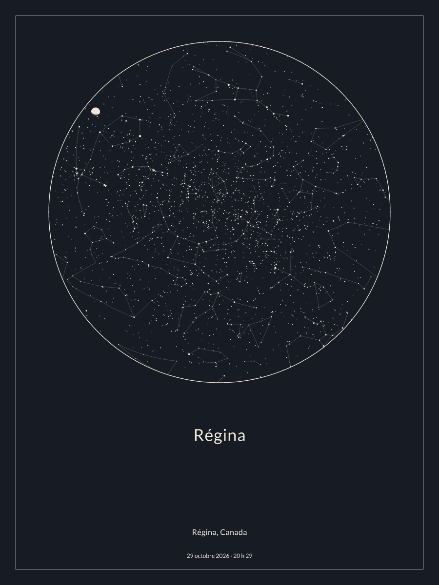 Carte du ciel nocturne depuis Régina, le 29 octobre 2026 à 20 h 29