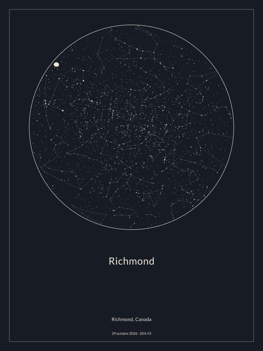 Carte du ciel nocturne depuis Richmond, le 29 octobre 2026 à 20 h 43
