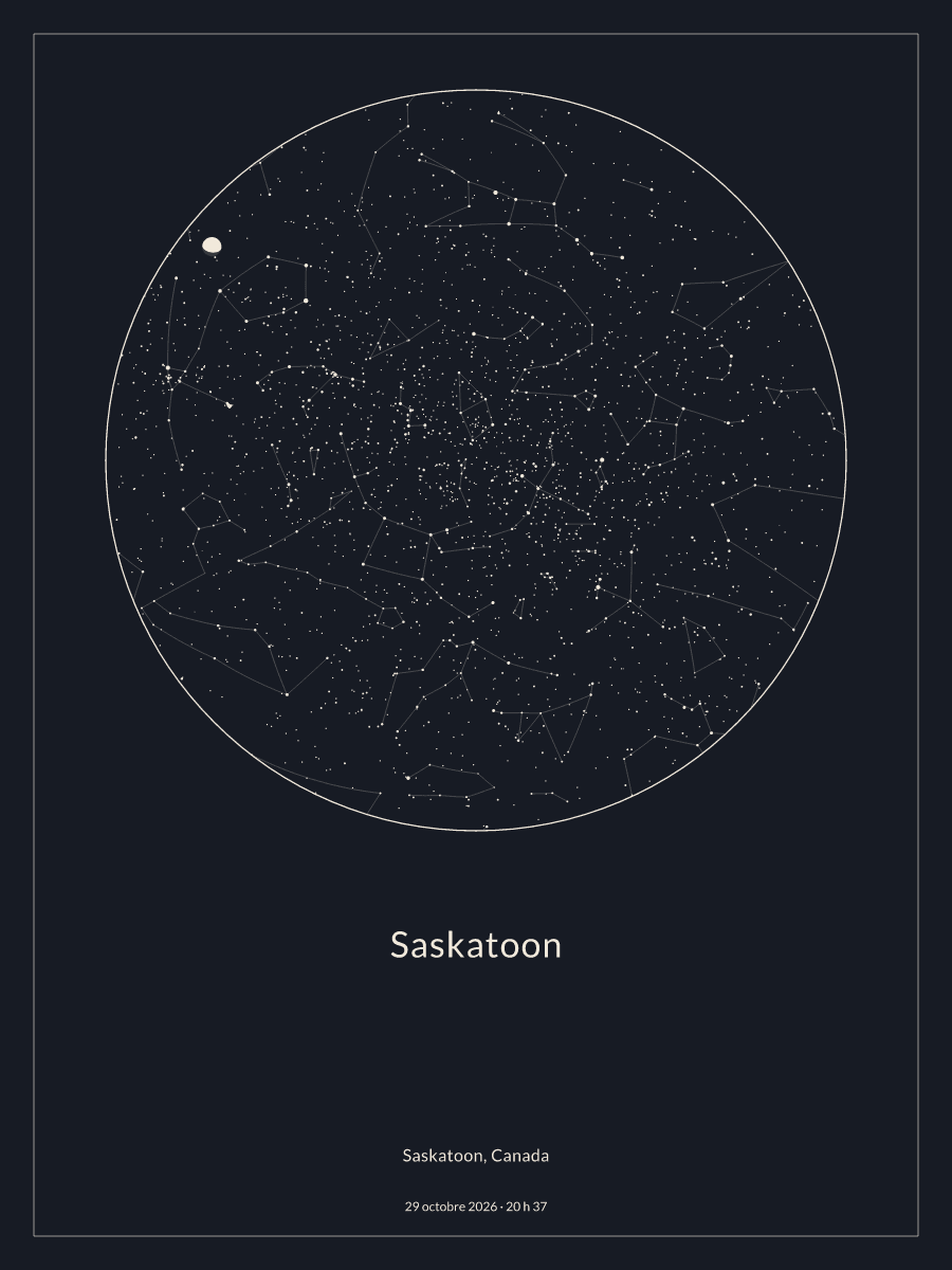 Carte du ciel nocturne depuis Saskatoon, le 29 octobre 2026 à 20 h 37