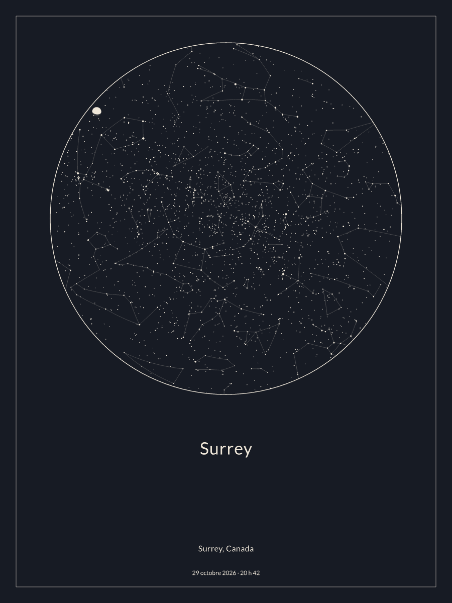 Carte du ciel nocturne depuis Surrey, le 29 octobre 2026 à 20 h 42