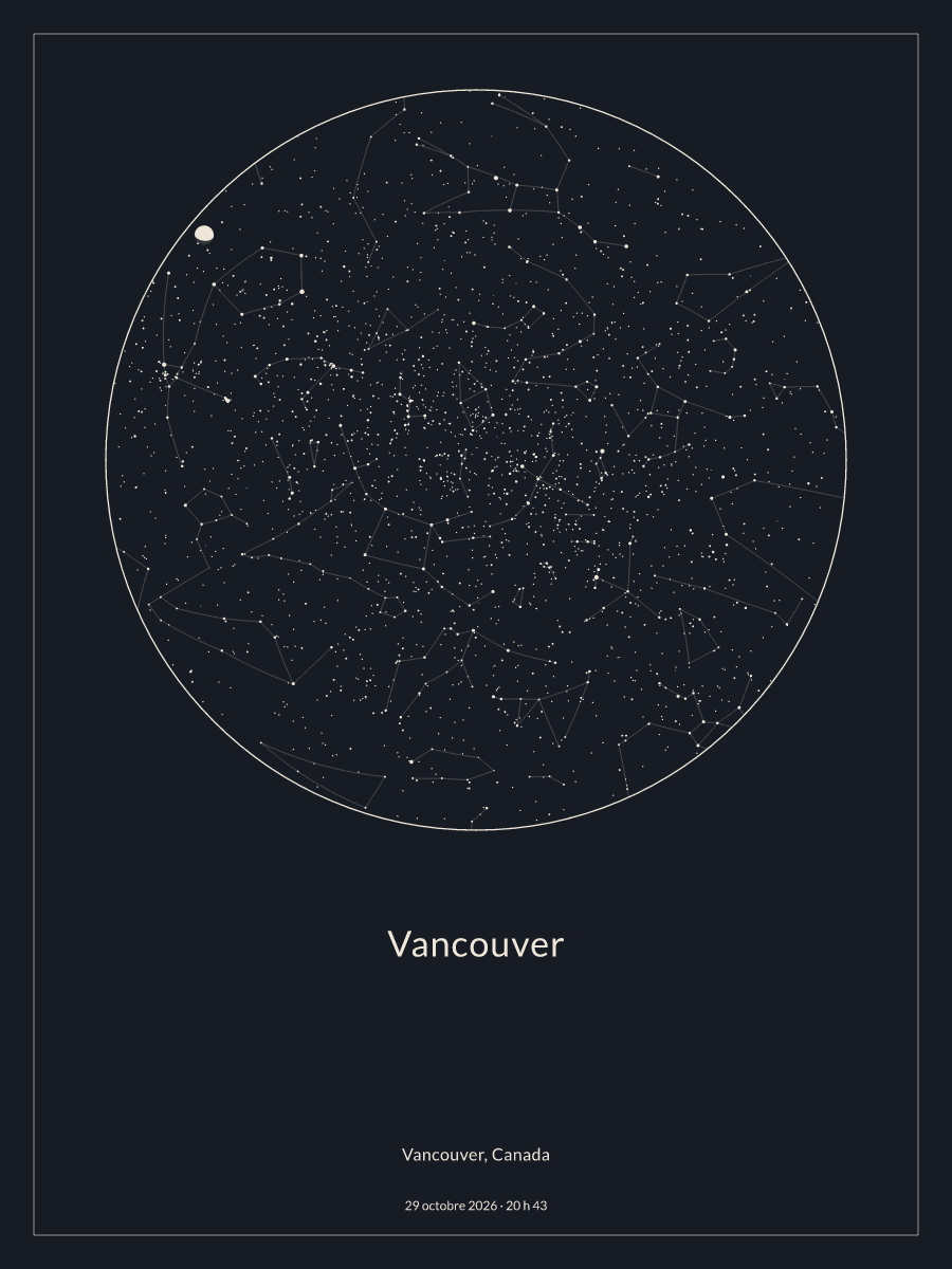 Carte du ciel nocturne depuis Vancouver, le 29 octobre 2026 à 20 h 43