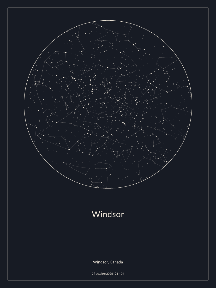 Carte du ciel nocturne depuis Windsor, le 29 octobre 2026 à 21 h 04