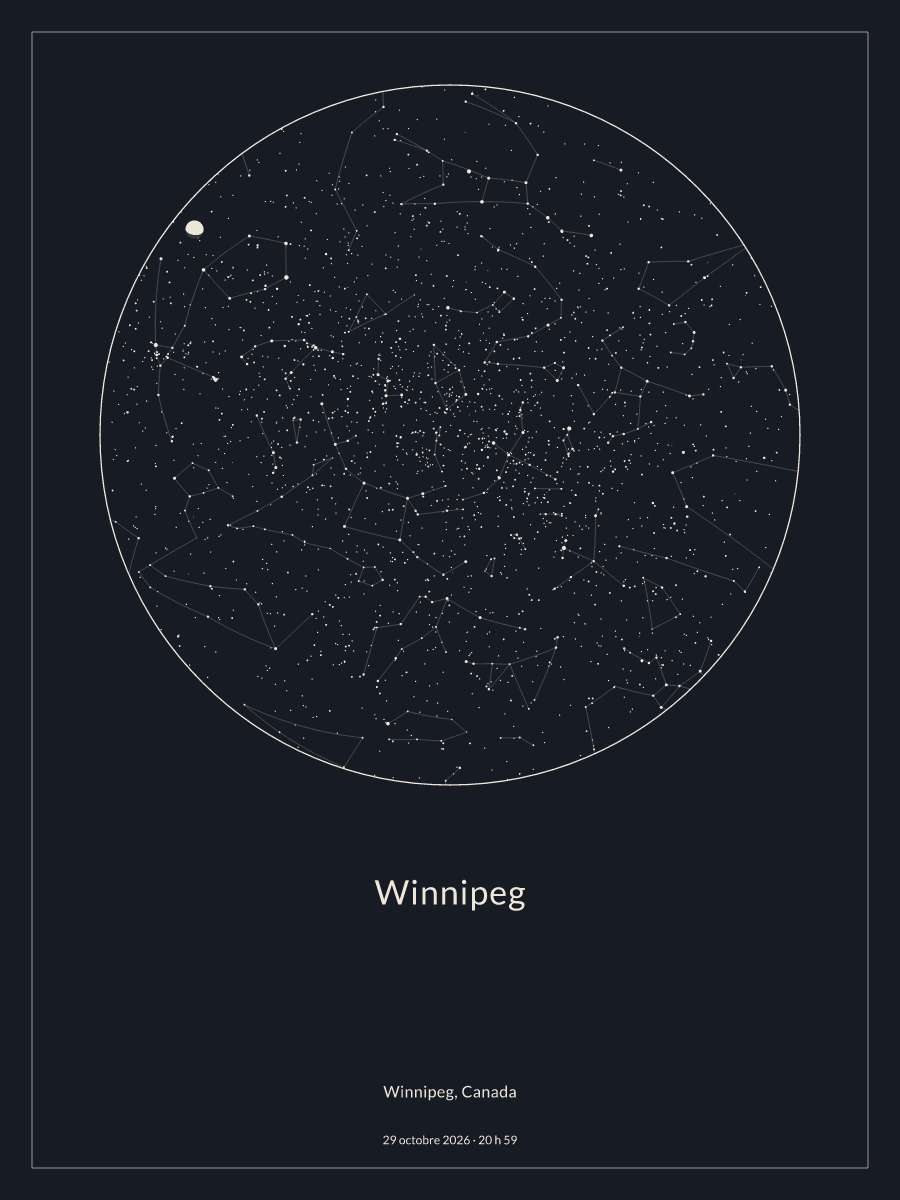 Carte du ciel nocturne depuis Winnipeg, le 29 octobre 2026 à 20 h 59