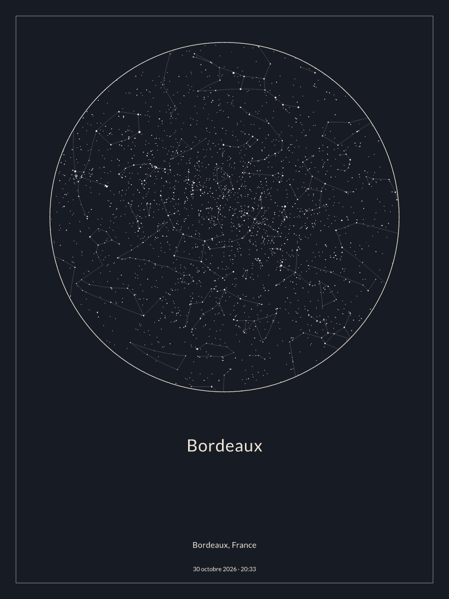 Carte du ciel nocturne depuis Bordeaux, le 30 octobre 2026 à 20:33