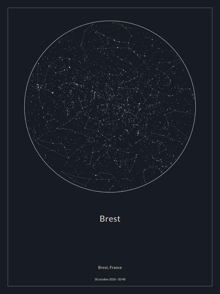 Carte du ciel nocturne depuis Brest, le 30 octobre 2026 à 20:48